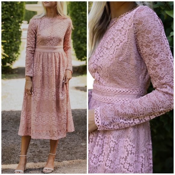 FEW LEFT❗️POLAGRAM Dusty Pink Lace Embroidered Long Sleeves Midi Dress - Picture 5 of 13